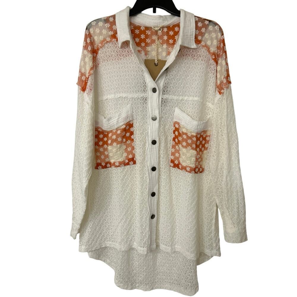 Women’s White Sheer Button-Up Top with Orange Floral Accents